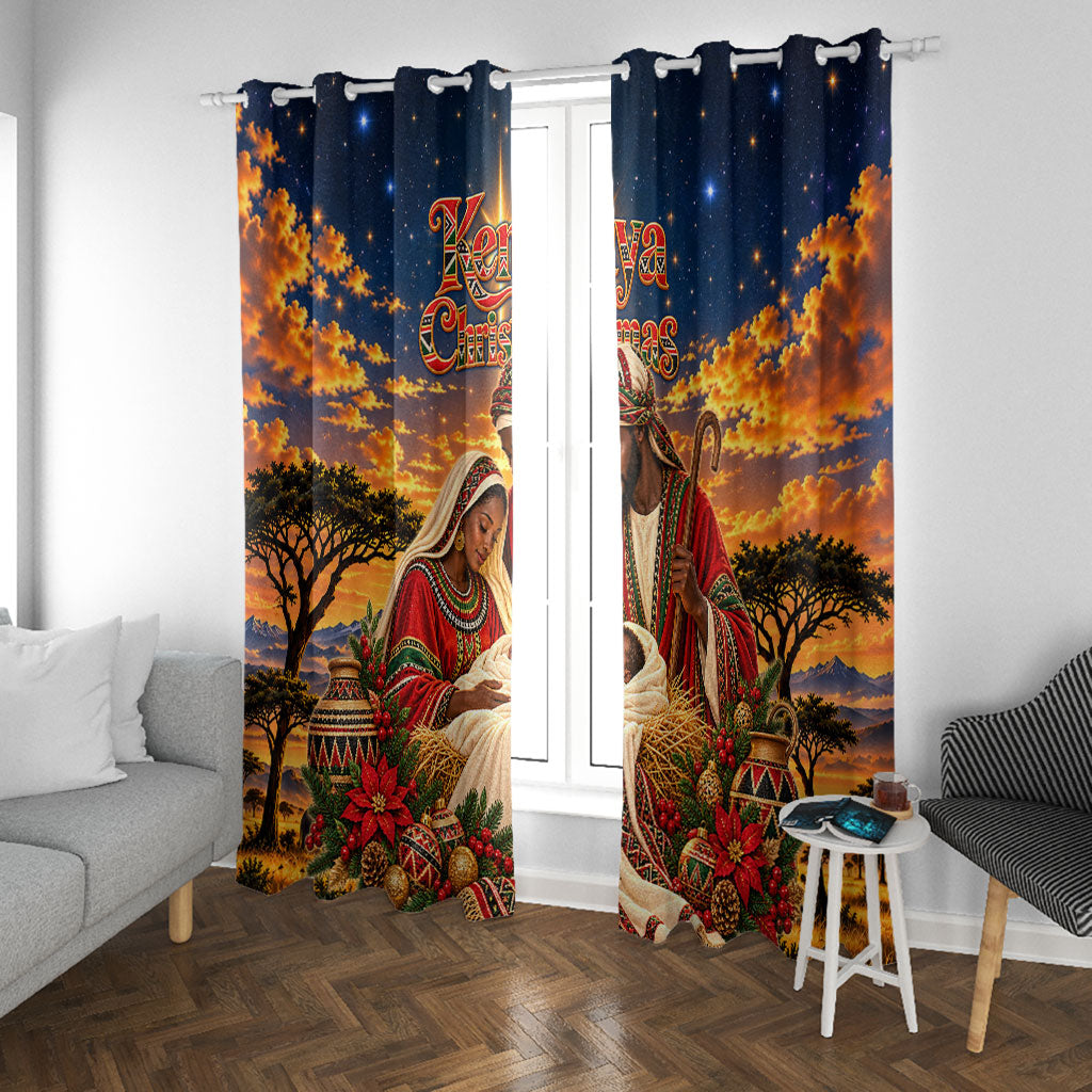 Kenya Christmas African Holy Family Window Curtain Savanna Sunset Baby Jesus