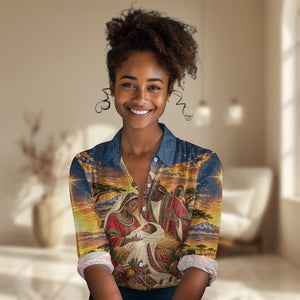 Kenya Christmas African Holy Family Women Casual Shirt Savanna Sunset Baby Jesus