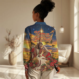 Kenya Christmas African Holy Family Women Casual Shirt Savanna Sunset Baby Jesus