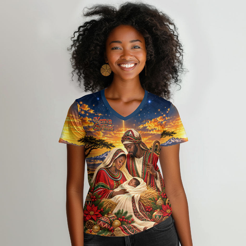 Kenya Christmas African Holy Family Women V-Neck T-Shirt Savanna Sunset Baby Jesus