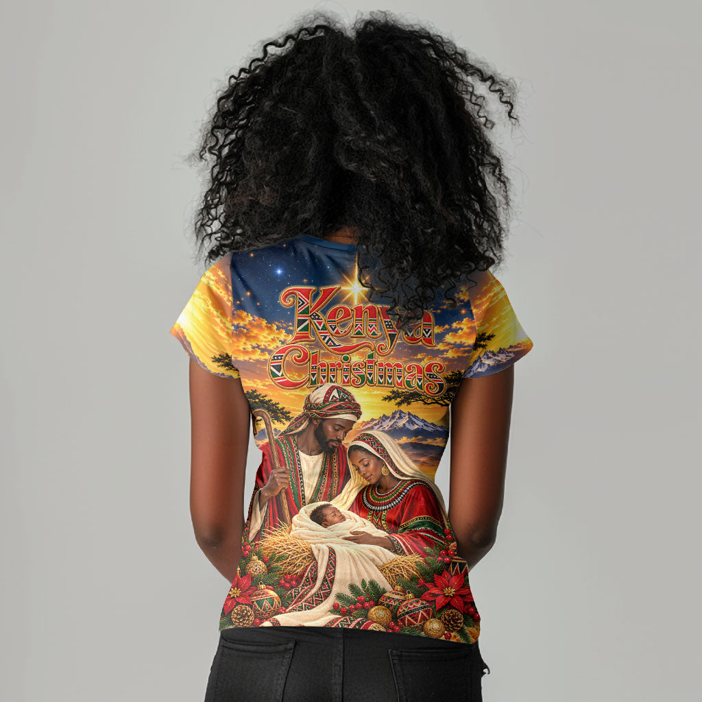 Kenya Christmas African Holy Family Women V-Neck T-Shirt Savanna Sunset Baby Jesus