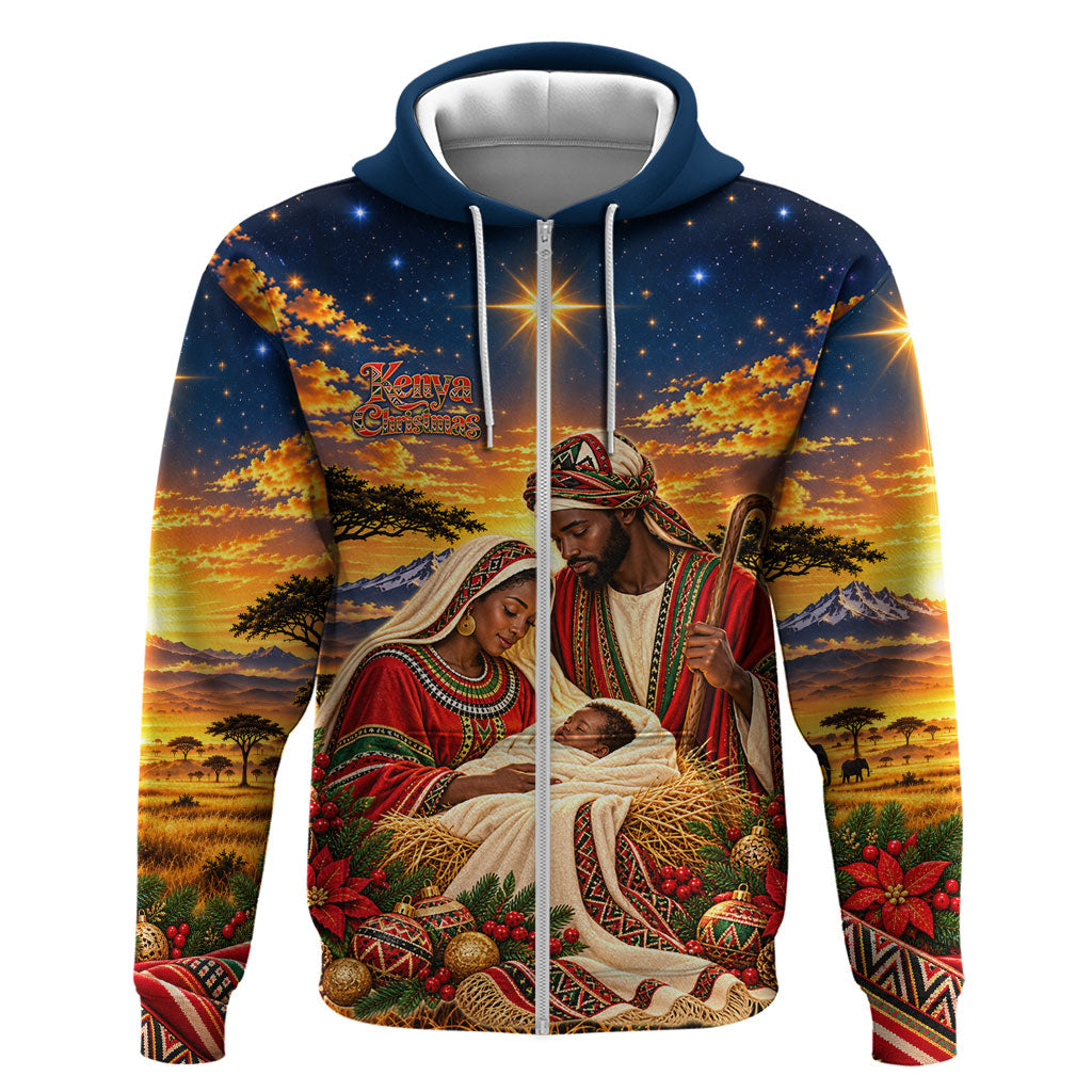 Kenya Christmas African Holy Family Zip Hoodie Savanna Sunset Baby Jesus