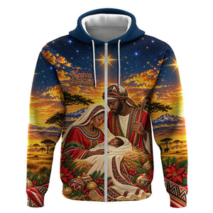 Kenya Christmas African Holy Family Zip Hoodie Savanna Sunset Baby Jesus