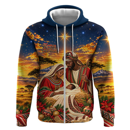 Kenya Christmas African Holy Family Zip Hoodie Savanna Sunset Baby Jesus