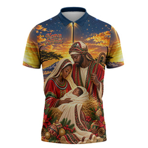 Kenya Christmas African Holy Family Zipper Polo Shirt Savanna Sunset Baby Jesus