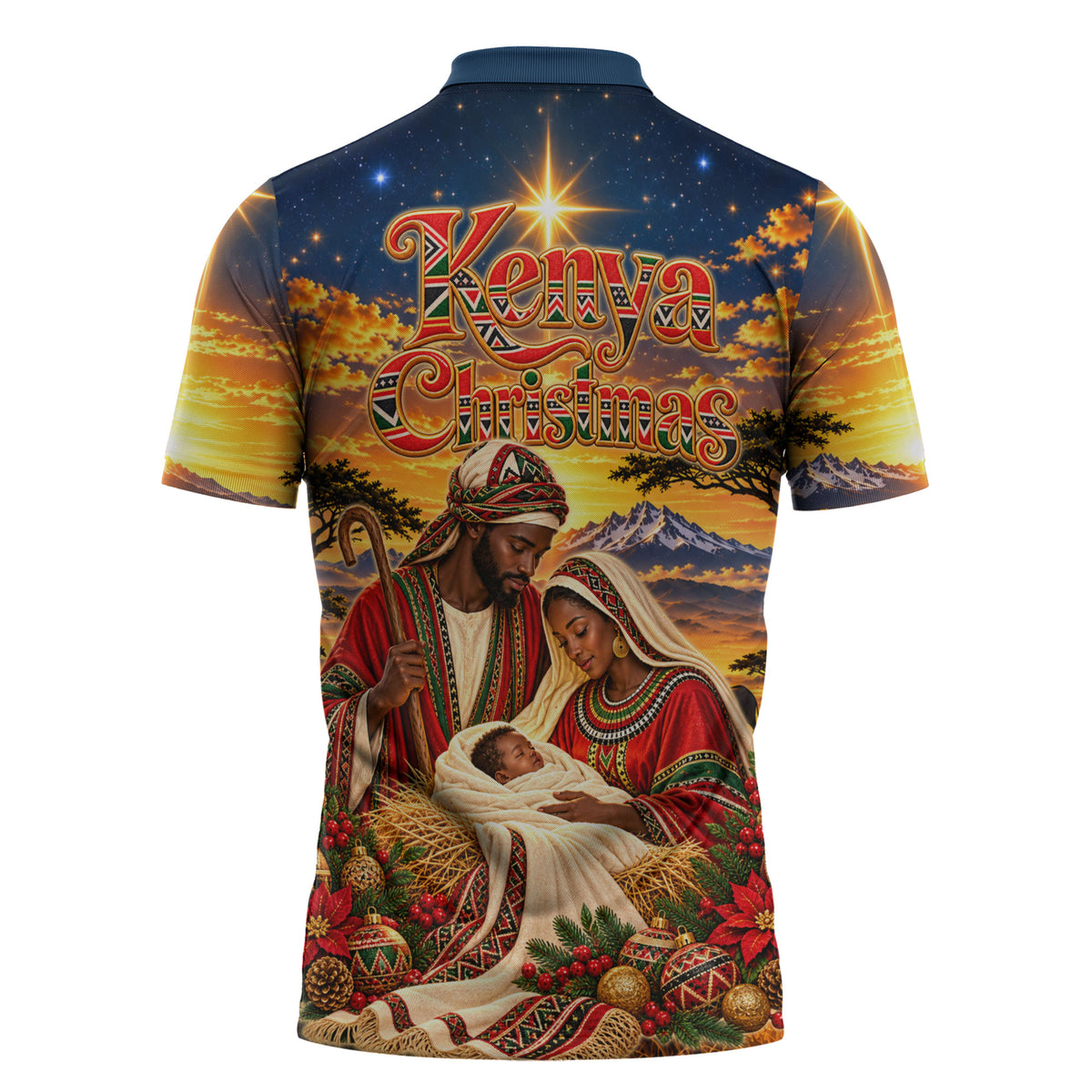 Kenya Christmas African Holy Family Zipper Polo Shirt Savanna Sunset Baby Jesus