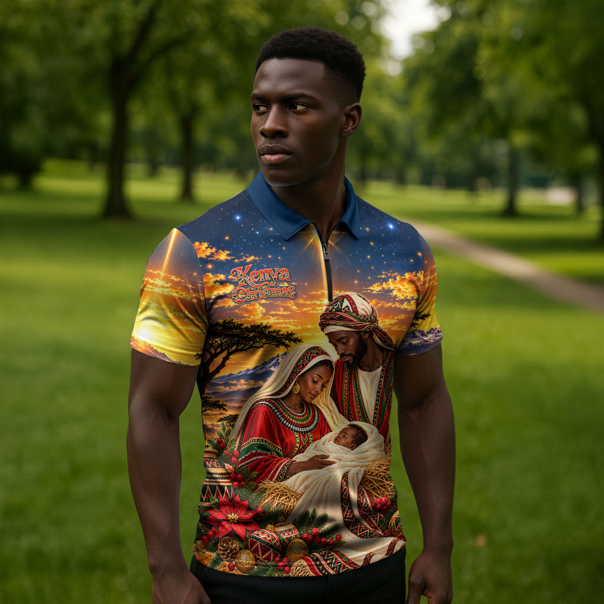 Kenya Christmas African Holy Family Zipper Polo Shirt Savanna Sunset Baby Jesus