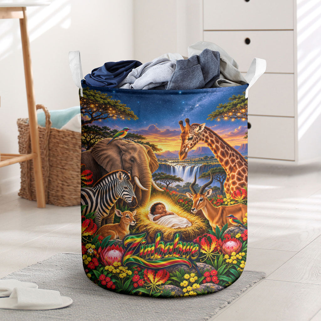 Zimbabwe Christmas Holy Family Laundry Basket African Safari Wildlife Savanna Sunset Baby Jesus