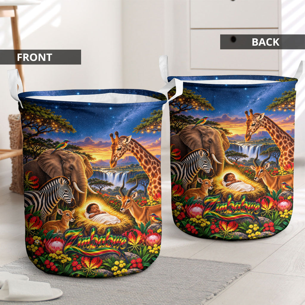 Zimbabwe Christmas Holy Family Laundry Basket African Safari Wildlife Savanna Sunset Baby Jesus