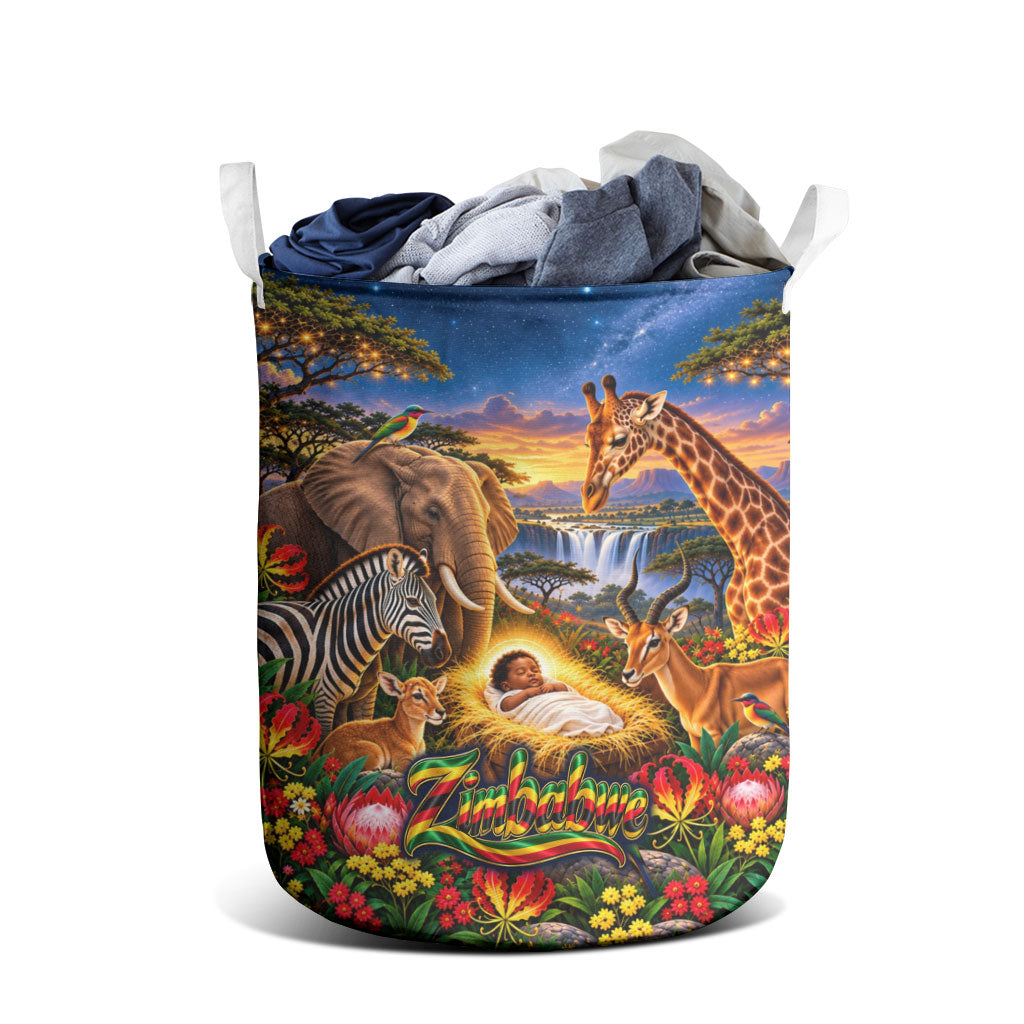 Zimbabwe Christmas Holy Family Laundry Basket African Safari Wildlife Savanna Sunset Baby Jesus