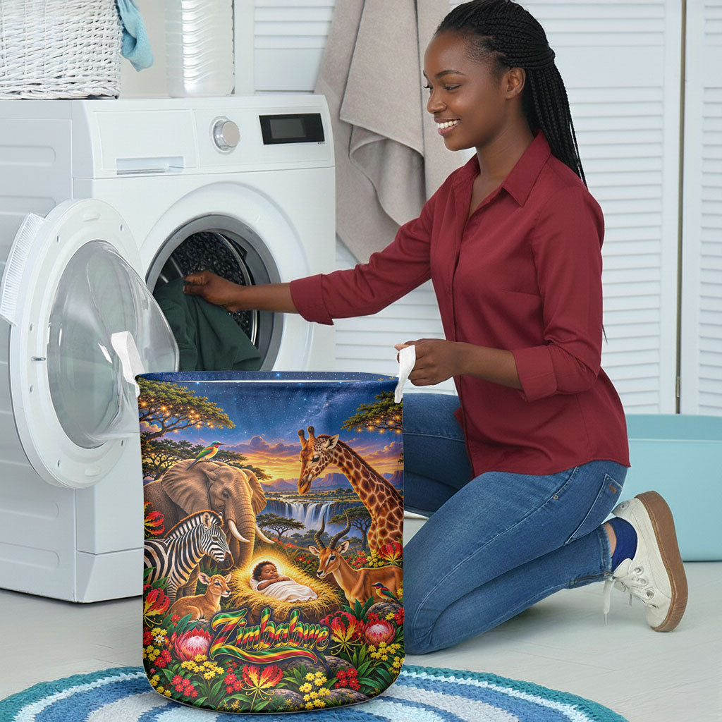 Zimbabwe Christmas Holy Family Laundry Basket African Safari Wildlife Savanna Sunset Baby Jesus