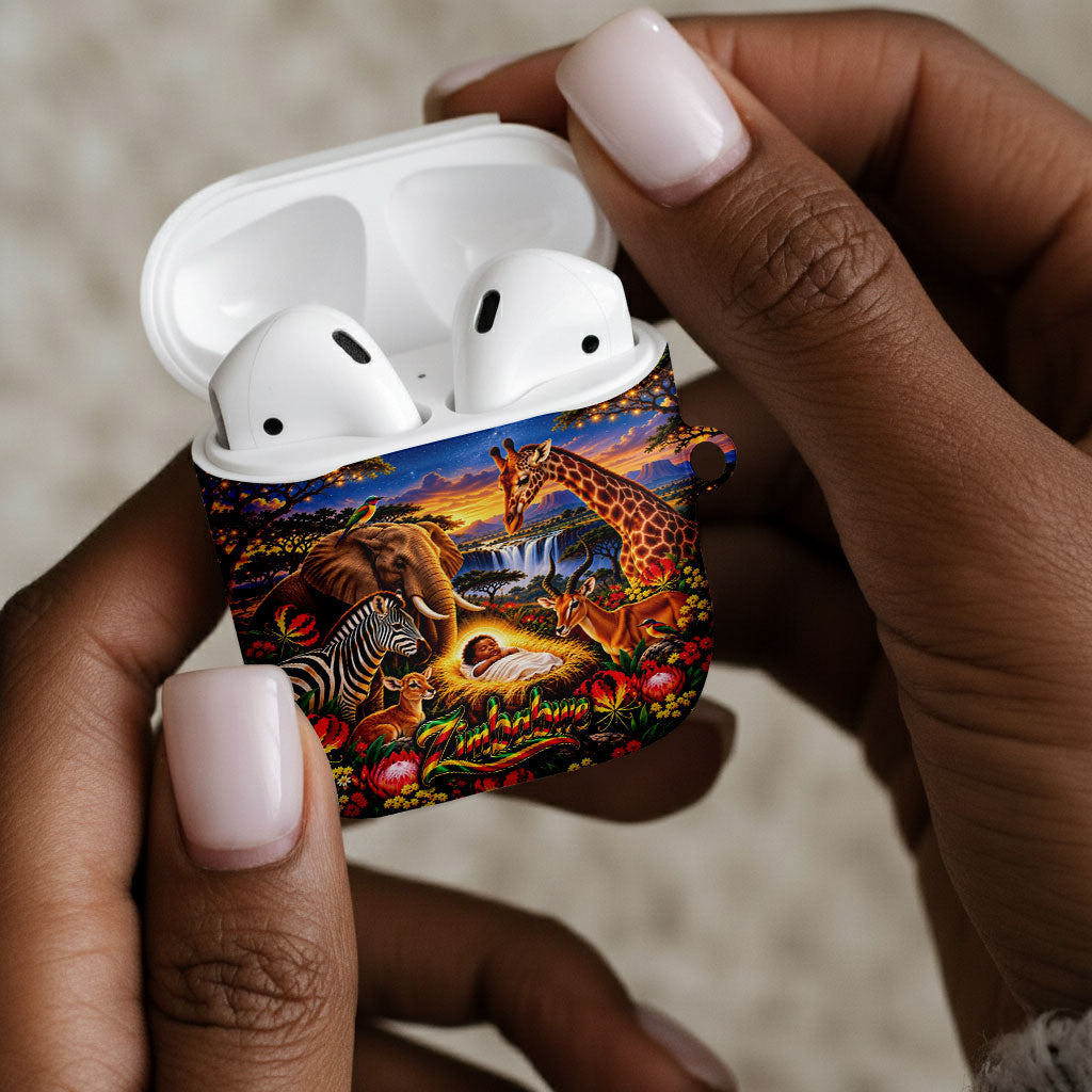 Zimbabwe Christmas Holy Family AirPods Case African Safari Wildlife Savanna Sunset Baby Jesus