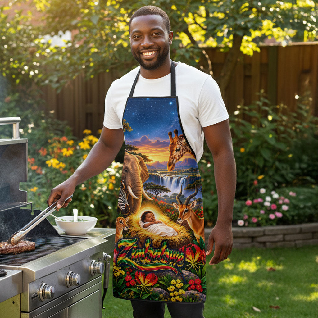 Zimbabwe Christmas Holy Family Apron African Safari Wildlife Savanna Sunset Baby Jesus