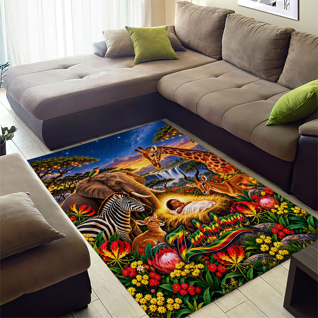 Zimbabwe Christmas Holy Family Area Rug African Safari Wildlife Savanna Sunset Baby Jesus