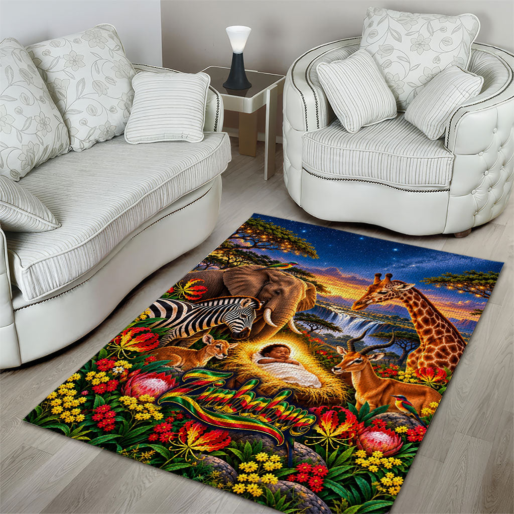 Zimbabwe Christmas Holy Family Area Rug African Safari Wildlife Savanna Sunset Baby Jesus