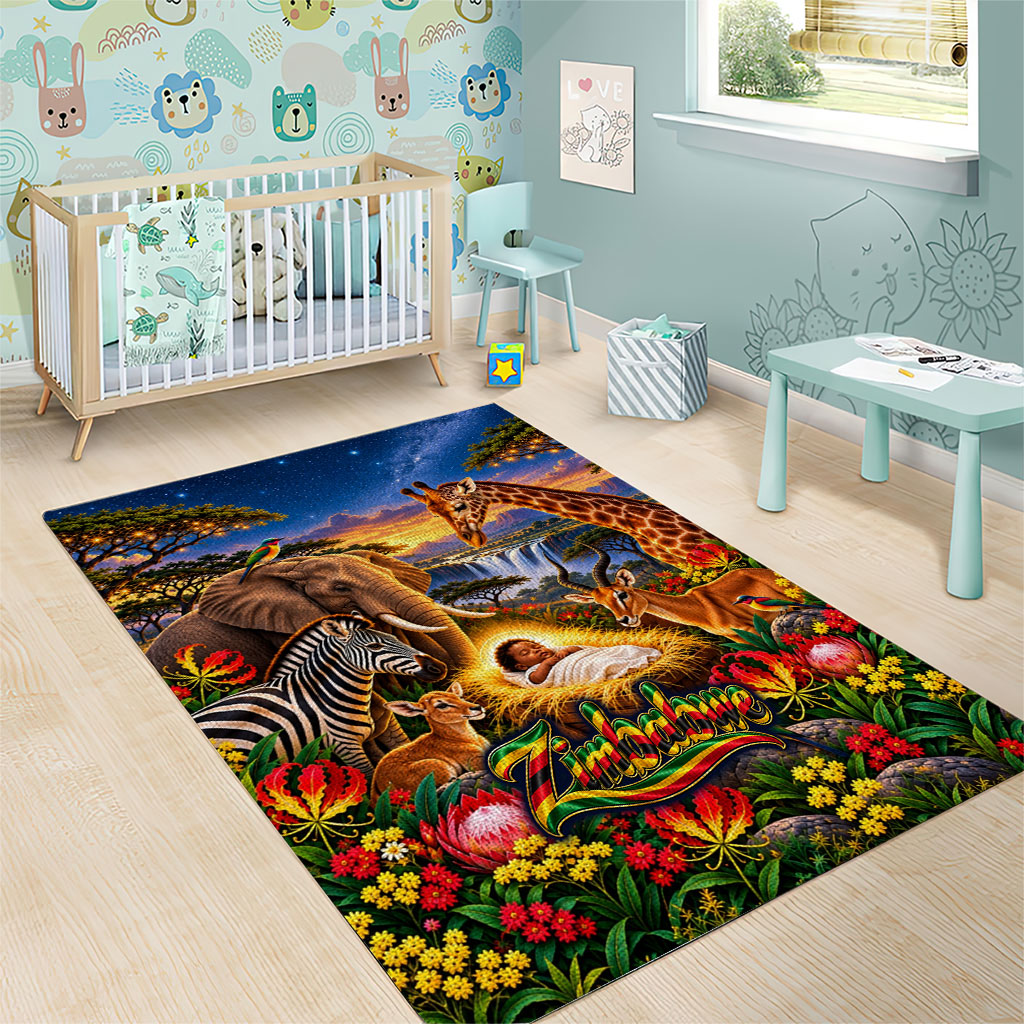 Zimbabwe Christmas Holy Family Area Rug African Safari Wildlife Savanna Sunset Baby Jesus