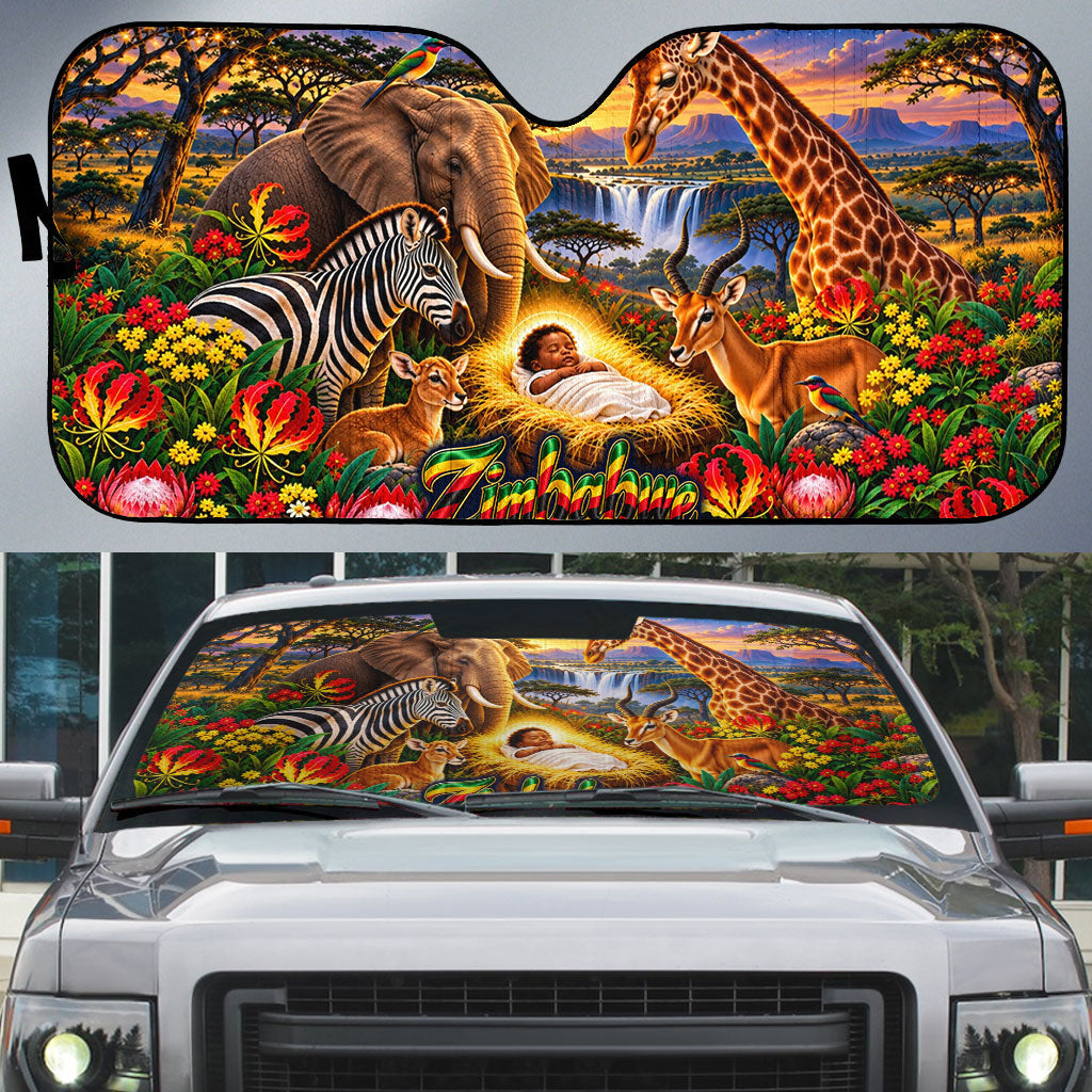 Zimbabwe Christmas Holy Family Auto Sun Shade African Safari Wildlife Savanna Sunset Baby Jesus