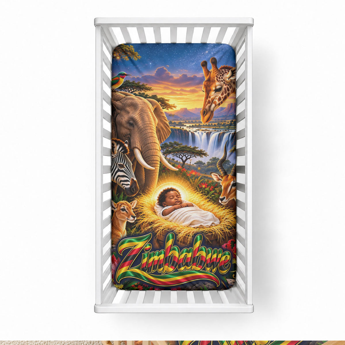 Zimbabwe Christmas Holy Family Baby Bed Cover African Safari Wildlife Savanna Sunset Baby Jesus