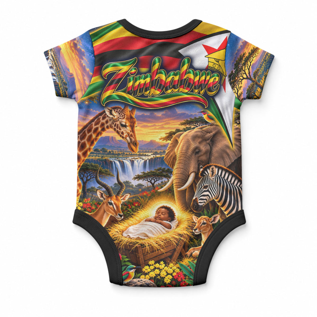 Zimbabwe Christmas Holy Family Baby Onesie African Safari Wildlife Savanna Sunset Baby Jesus