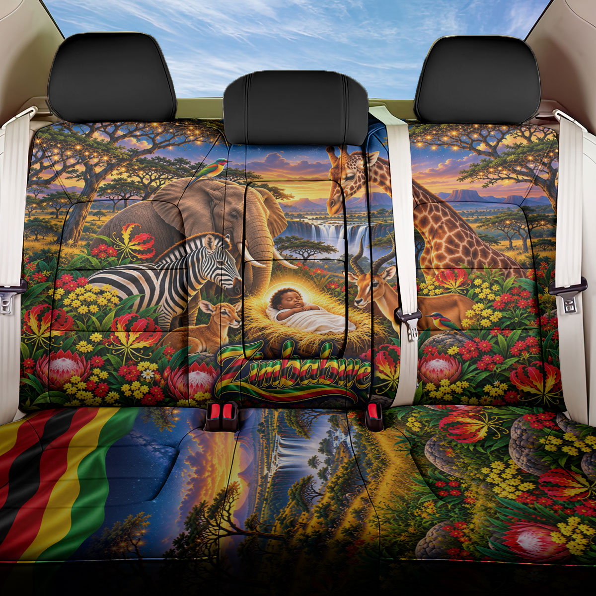 Zimbabwe Christmas Holy Family Back Car Seat Cover African Safari Wildlife Savanna Sunset Baby Jesus