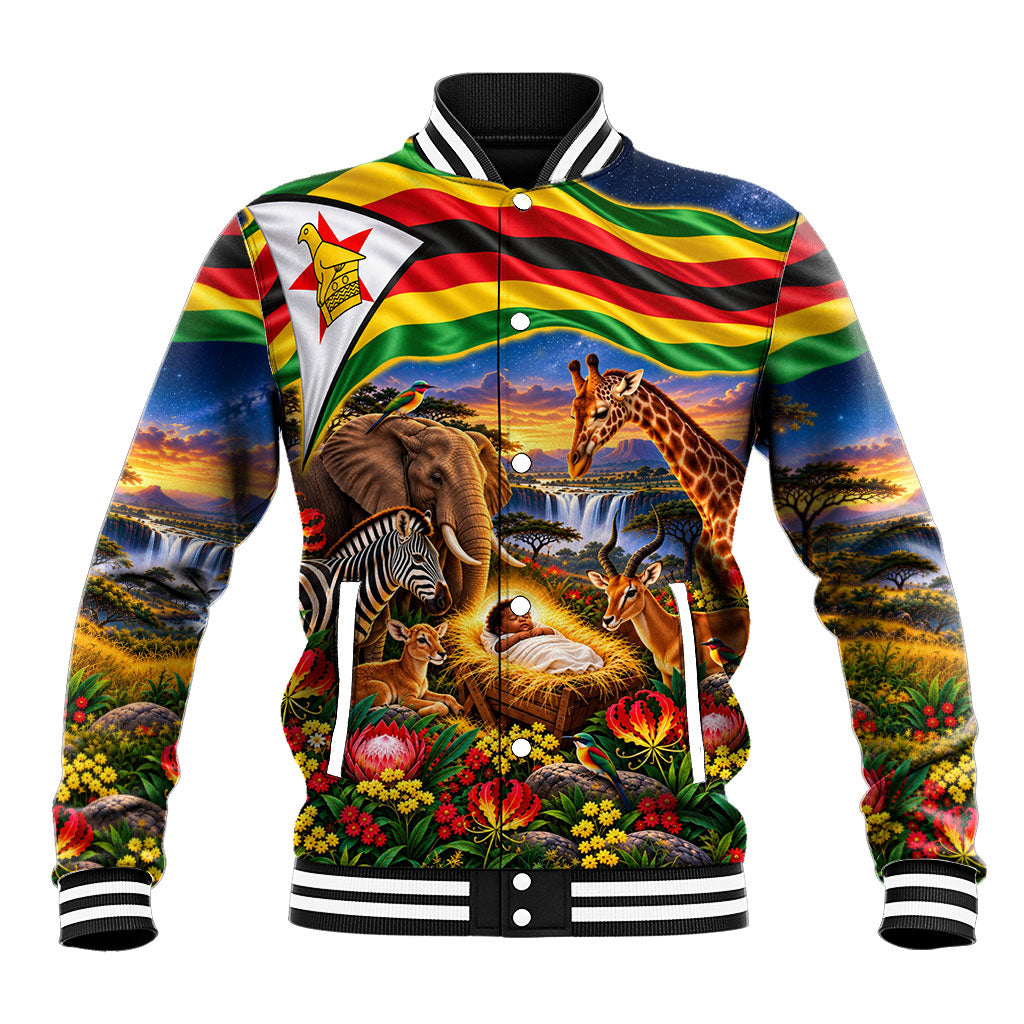 Zimbabwe Christmas Holy Family Baseball Jacket African Safari Wildlife Savanna Sunset Baby Jesus