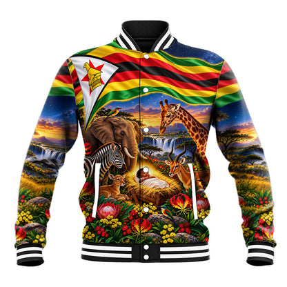 Zimbabwe Christmas Holy Family Baseball Jacket African Safari Wildlife Savanna Sunset Baby Jesus