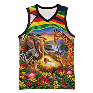 Zimbabwe Christmas Holy Family Basketball Jersey African Safari Wildlife Savanna Sunset Baby Jesus