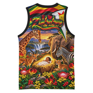 Zimbabwe Christmas Holy Family Basketball Jersey African Safari Wildlife Savanna Sunset Baby Jesus