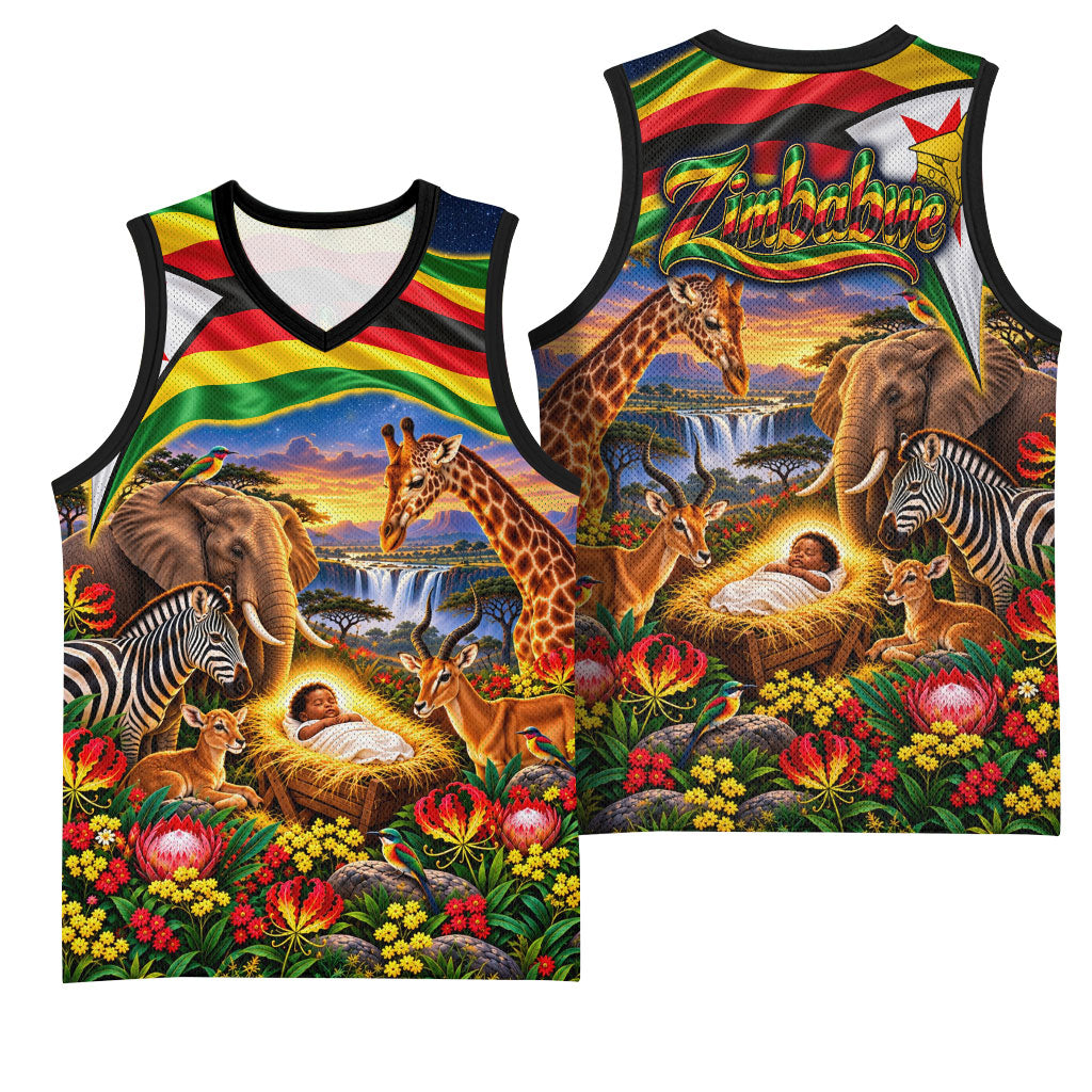 Zimbabwe Christmas Holy Family Basketball Jersey African Safari Wildlife Savanna Sunset Baby Jesus
