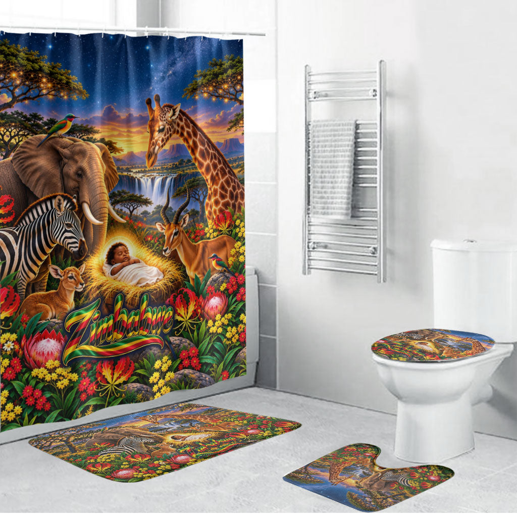 Zimbabwe Christmas Holy Family Bathroom Set African Safari Wildlife Savanna Sunset Baby Jesus