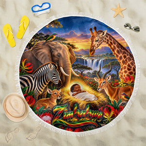Zimbabwe Christmas Holy Family Beach Blanket African Safari Wildlife Savanna Sunset Baby Jesus