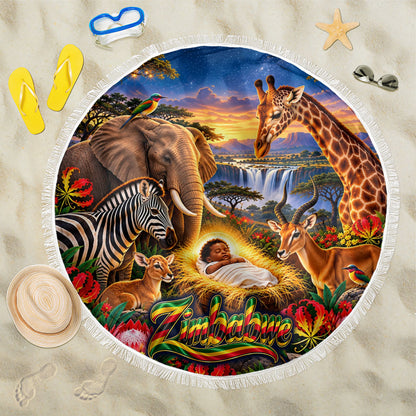 Zimbabwe Christmas Holy Family Beach Blanket African Safari Wildlife Savanna Sunset Baby Jesus