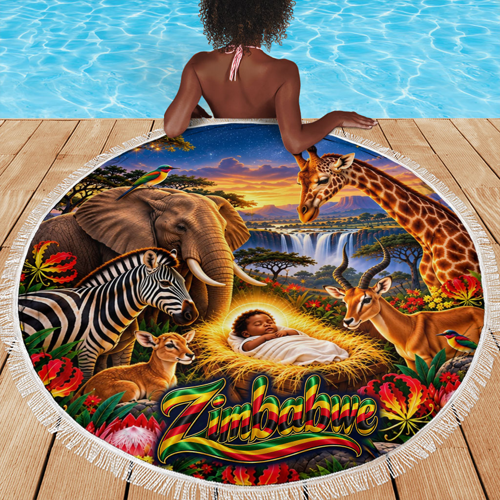 Zimbabwe Christmas Holy Family Beach Blanket African Safari Wildlife Savanna Sunset Baby Jesus