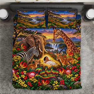 Zimbabwe Christmas Holy Family Bedding Set African Safari Wildlife Savanna Sunset Baby Jesus