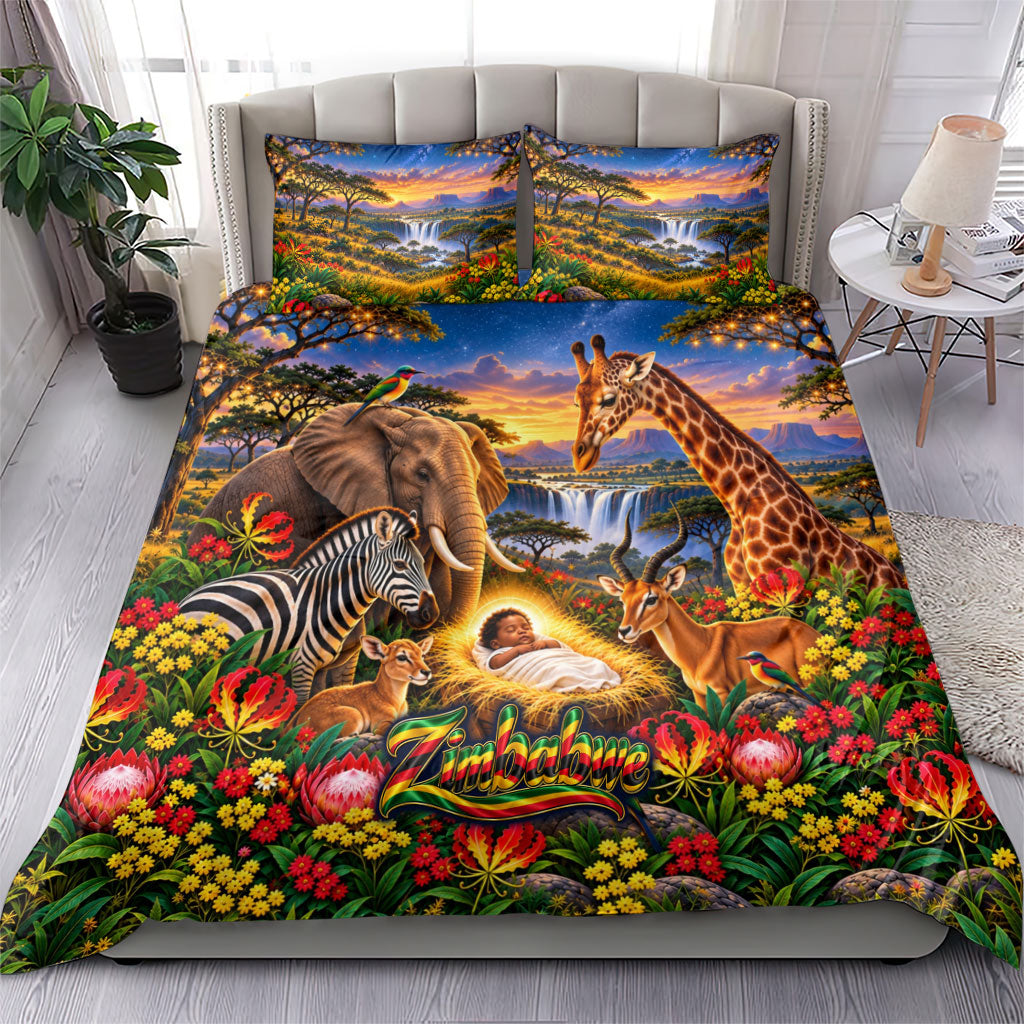 Zimbabwe Christmas Holy Family Bedding Set African Safari Wildlife Savanna Sunset Baby Jesus