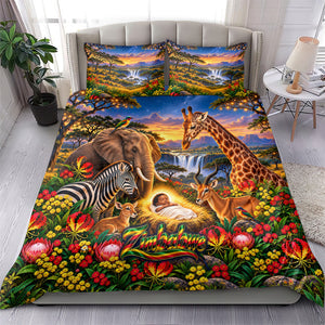 Zimbabwe Christmas Holy Family Bedding Set African Safari Wildlife Savanna Sunset Baby Jesus