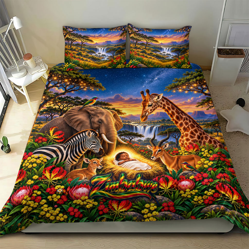 Zimbabwe Christmas Holy Family Bedding Set African Safari Wildlife Savanna Sunset Baby Jesus