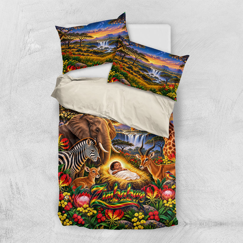 Zimbabwe Christmas Holy Family Bedding Set African Safari Wildlife Savanna Sunset Baby Jesus