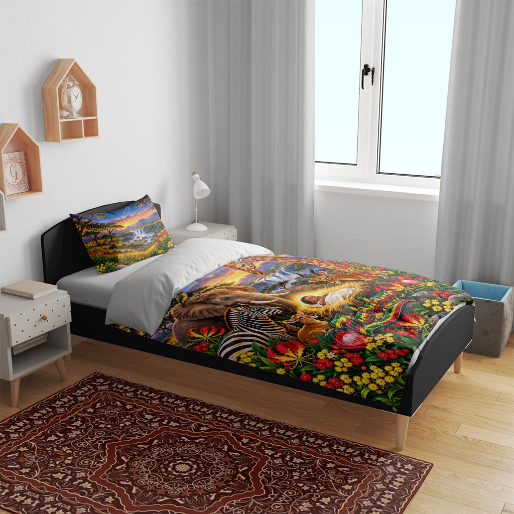 Zimbabwe Christmas Holy Family Bedding Set African Safari Wildlife Savanna Sunset Baby Jesus