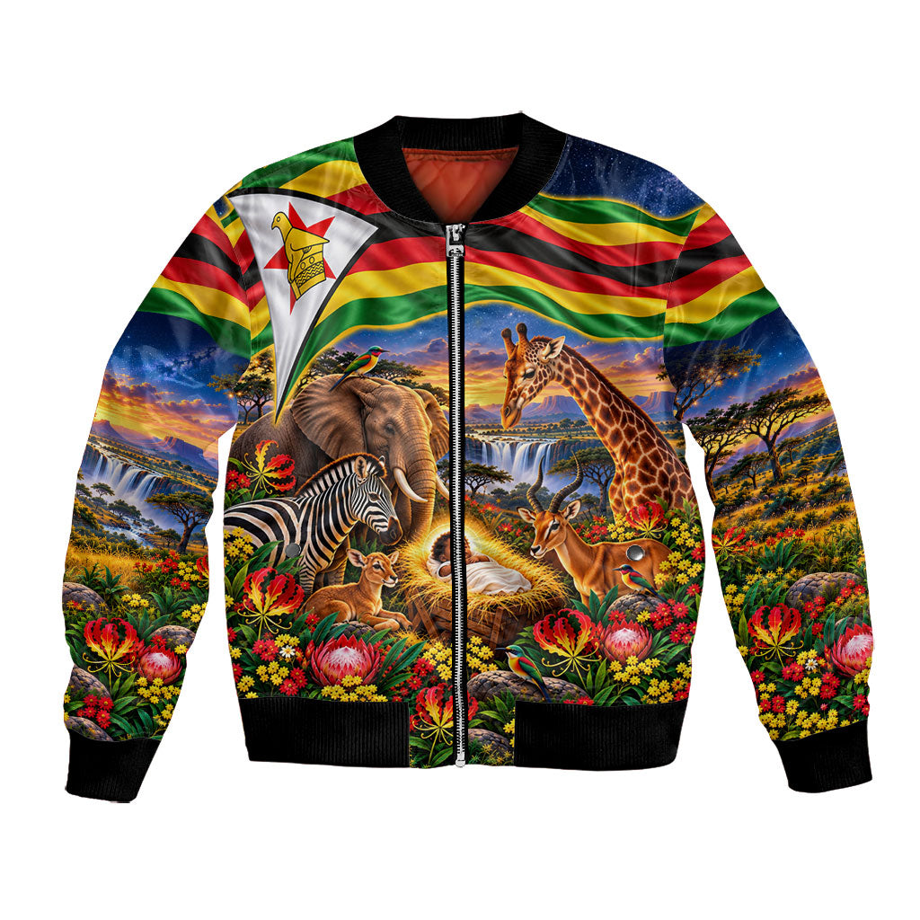 Zimbabwe Christmas Holy Family Bomber Jacket African Safari Wildlife Savanna Sunset Baby Jesus