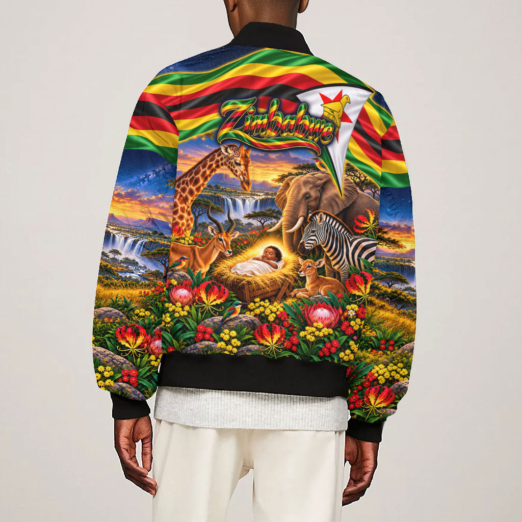 Zimbabwe Christmas Holy Family Bomber Jacket African Safari Wildlife Savanna Sunset Baby Jesus