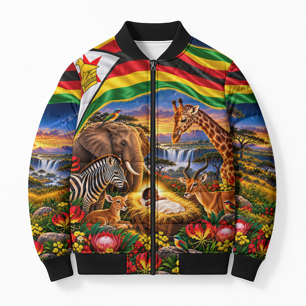 Zimbabwe Christmas Holy Family Bomber Puffer Jacket African Safari Wildlife Savanna Sunset Baby Jesus