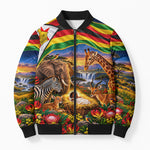 Zimbabwe Christmas Holy Family Bomber Puffer Jacket African Safari Wildlife Savanna Sunset Baby Jesus