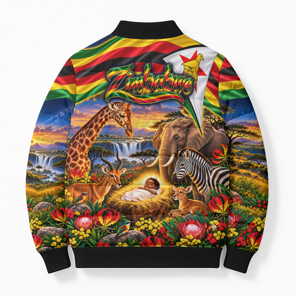 Zimbabwe Christmas Holy Family Bomber Puffer Jacket African Safari Wildlife Savanna Sunset Baby Jesus