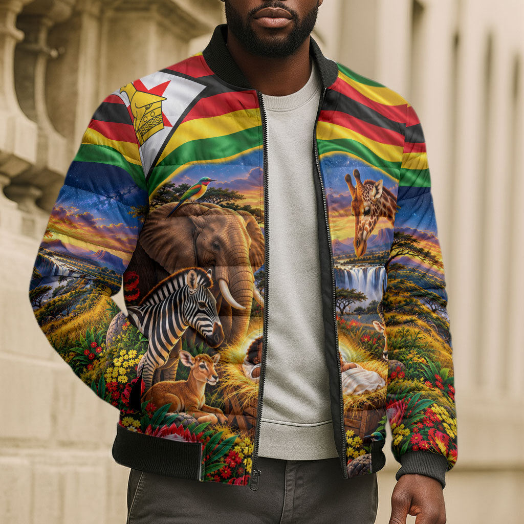 Zimbabwe Christmas Holy Family Bomber Puffer Jacket African Safari Wildlife Savanna Sunset Baby Jesus