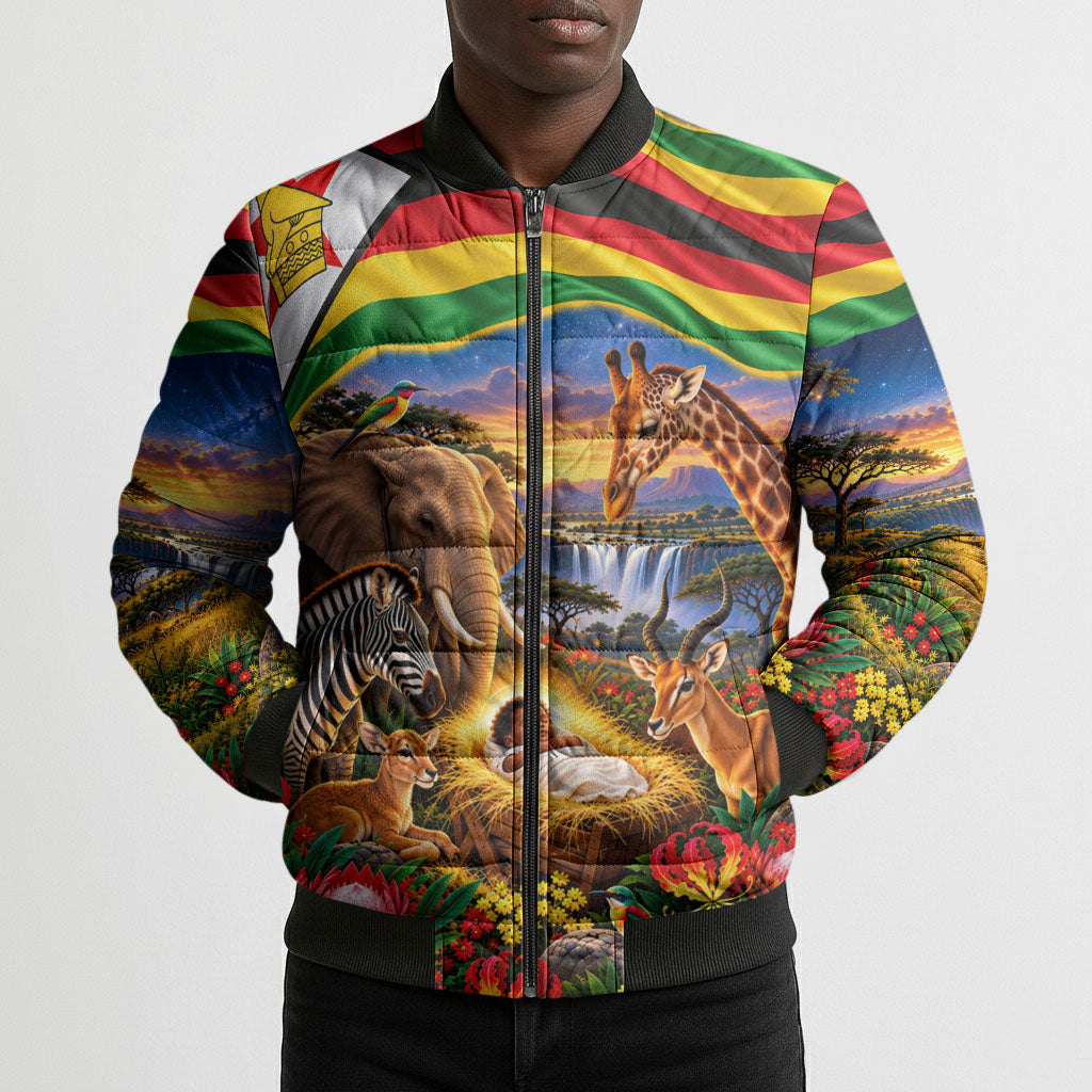 Zimbabwe Christmas Holy Family Bomber Puffer Jacket African Safari Wildlife Savanna Sunset Baby Jesus