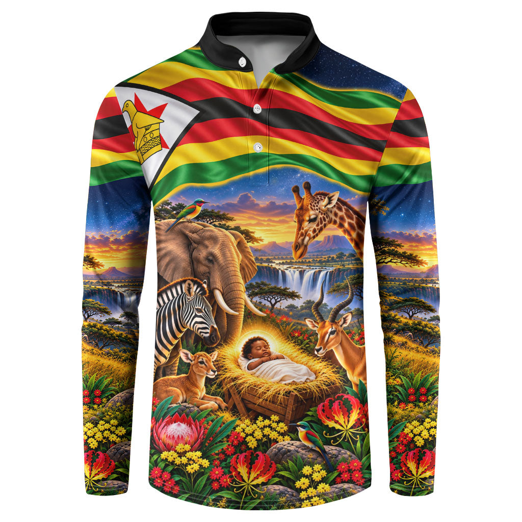 Zimbabwe Christmas Holy Family Button Sweatshirt African Safari Wildlife Savanna Sunset Baby Jesus