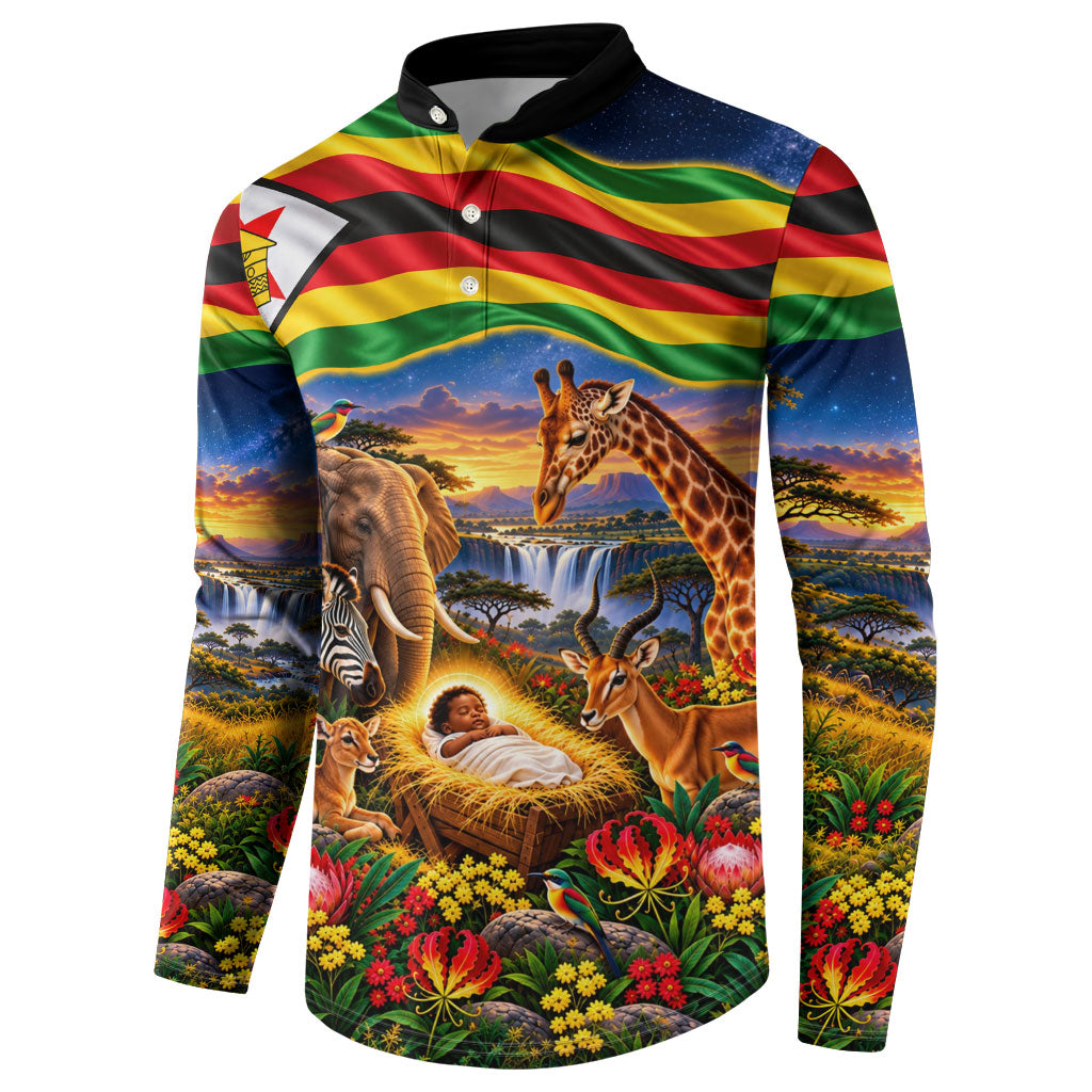 Zimbabwe Christmas Holy Family Button Sweatshirt African Safari Wildlife Savanna Sunset Baby Jesus