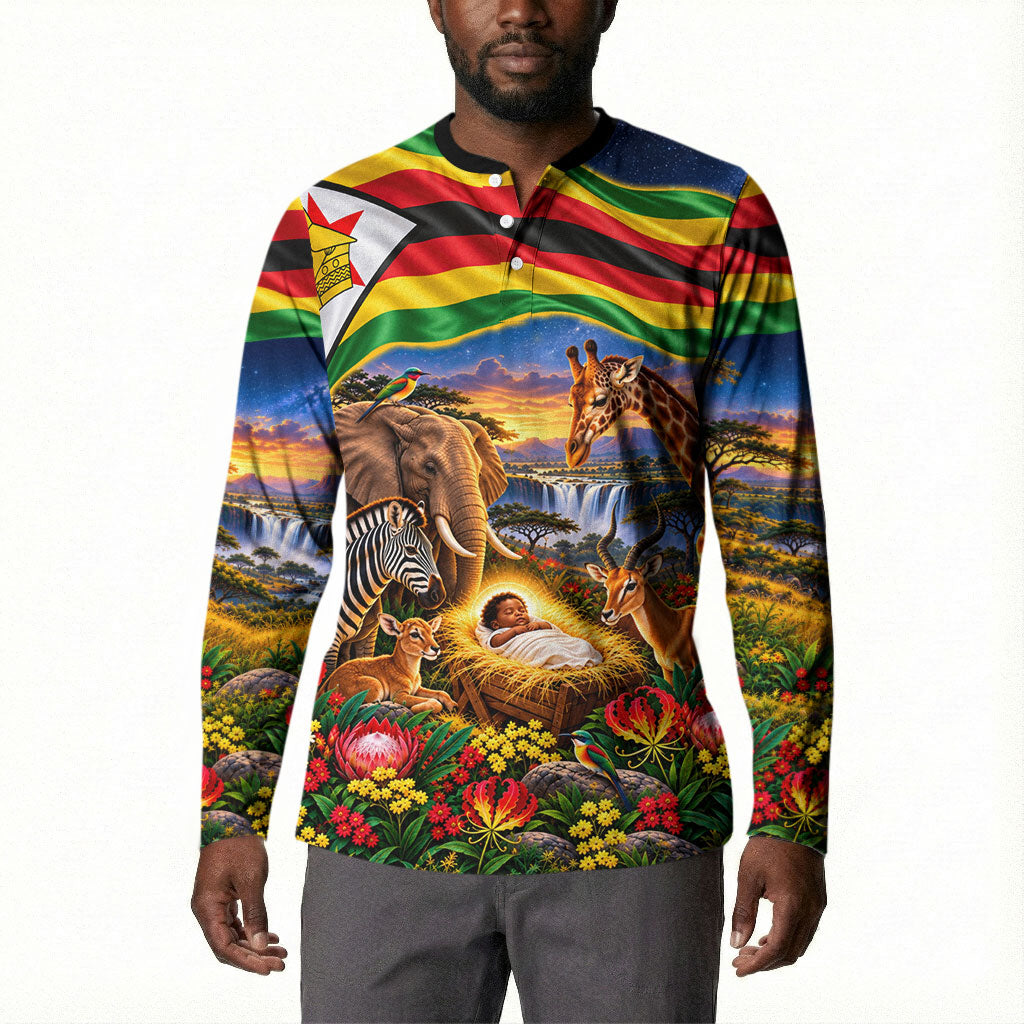 Zimbabwe Christmas Holy Family Button Sweatshirt African Safari Wildlife Savanna Sunset Baby Jesus