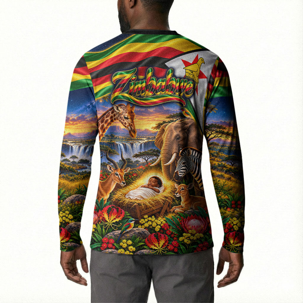 Zimbabwe Christmas Holy Family Button Sweatshirt African Safari Wildlife Savanna Sunset Baby Jesus